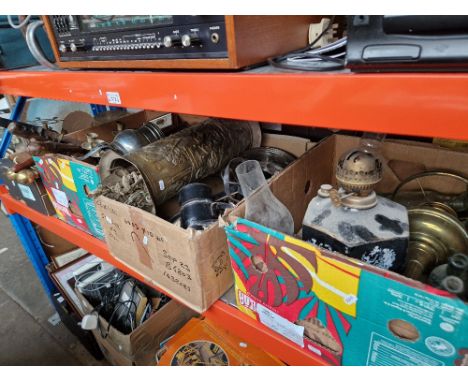 3 boxes of metal ware and a box of glass bottles, brass paraffin lamp, ceramic paraffin lamp  