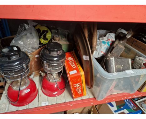 A mixed lot of tools, two Tilley lamps, metal ware, sea fishing reels etc. etc.  