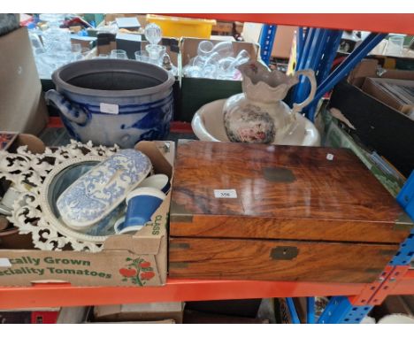A wash basin and jug, a walnut writing box, planter, and a box of miscellaneous items including pottery, copper scoop and mir