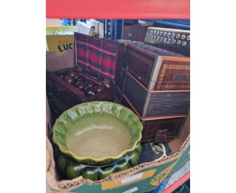 A mixed collection including carpet bowls set, accordion, horse brasses, bag of ceramics etc  