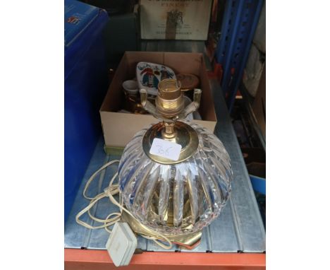 A brass and glass table lamp and a box of various trinket boxes and two boxes of picture frames and prints  