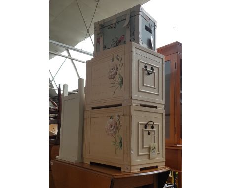 A mixed lot comprising white painted bedside cabinet, pair of hand painted chests and a small trunk decorated with birds.  