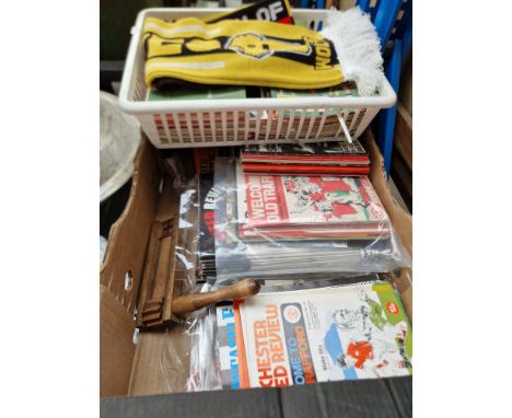 Two boxes of Manchester United memorbilia including programmes, fanzines, scarf, rattle, etc.  