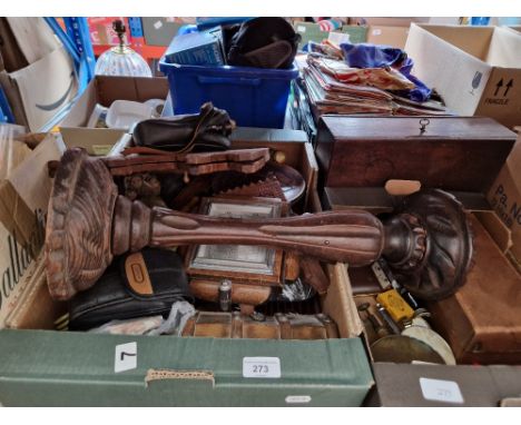 Two boxes of assorted collectables to include treen items, vintage whistles &amp; tape measure, ashtray stand, glass ornament
