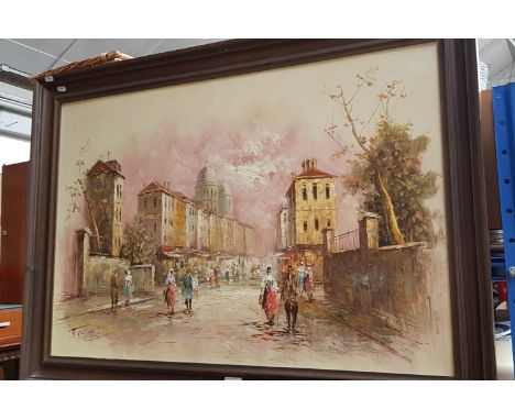 20th century school, oil on canvas, continental street scene, 90cm x 60cm, signed 'M Church' to lower left, framed, 104cm x 7