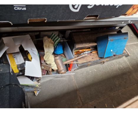 A joiners toolbox with tools, wooden toolbox, Wagner fence and decking spray gun and a box of miscellaneous tools  