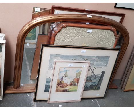 Pictures, prints and mirrors including portrait of a woman, gilt framed overmantle mirror, coloured etching, framed textile, 