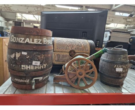 A mixed lot of collectables including wooden sherry barrel, ceramic sherry barrel, wooden planter, wooden chest, etc.  
