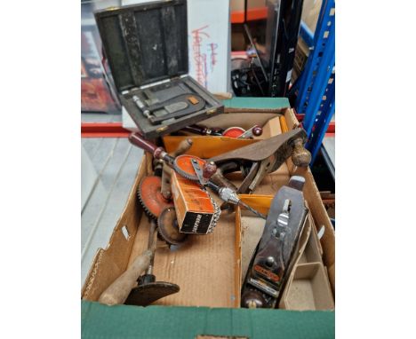 A box of hand tools including Stanley plane, Stanley brace and bit drills, boxed micrometer etc  