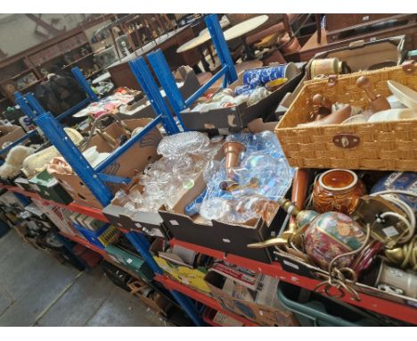 6 boxes and a hamper of ceramics and glassware, including table lamp, vases, brush and mirror, Polaroid camera brass ware, wo