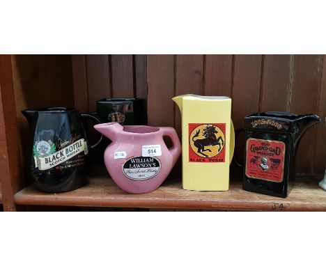 5 advertising water jugs - William Lawsons Pure Scotch Whisky pink jug, Old Grand-Dad Whiskey (ltd edition of 550 by Wade), T