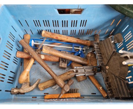 A box of hand tools including hammers, mitre block, and a plastic watering can etc  