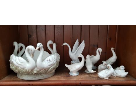 8 Nao geese, ducks and swans together with a large swan bowl made in Spain approx. 29cm diameter  Good condition with no chip