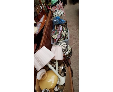 Various table lamps, lamp bases, brass chandelier and leaded glass lightshades.  