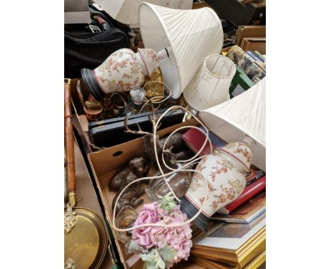 2 boxes mixed lot comprising pair of ceramic lamps, copper and brassware, glass decanter, glass lamp, boxed cutlery sets, boo