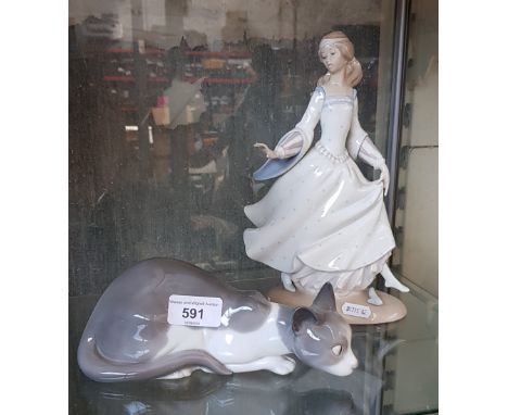 A Lladro figure and a Nao cat.  Good condition - no cracks, chips or previous repair