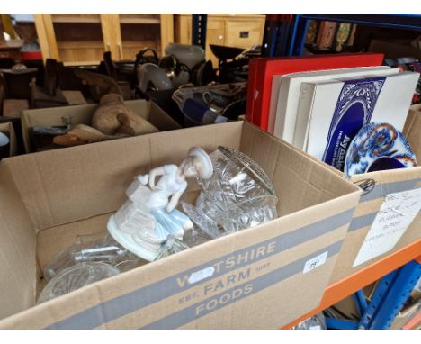 4 boxes of miscellaneous items including figurines, glass, wooden ducks, Spode, Aynsley, Lladro (AF), novelty teapots etc  