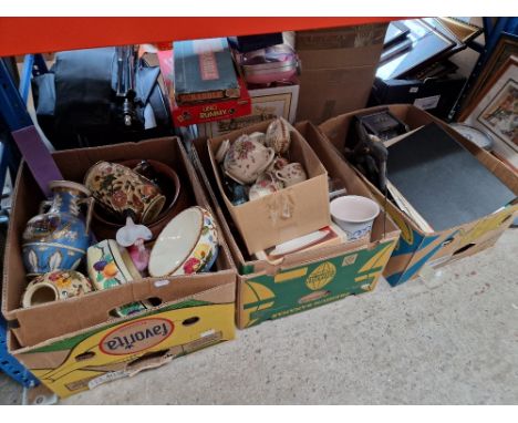 3 boxes of assorted pottery including Indian Tree, Poole vase, glass vases, money box, 1 bottle tantalus, bathroom scales etc