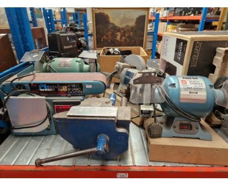 2 bench grinders, wet and dry bench grinder, engineers vice, and a 4"belt and 6" disc Clarke wood worker sander  