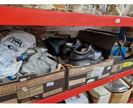 Three boxes of tools and unused workwear, etc.  