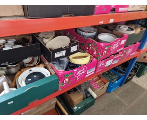 Eight boxes of assorted ceramics and kitchenware to include scales, pots, plates &amp; pans etc.  
