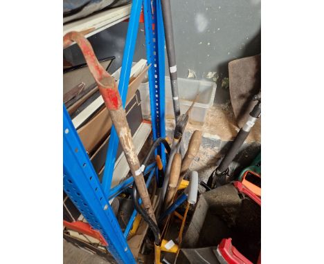 Garden tools including fork, spade, hoe, lawn edging shears etc, together with a sack truck  