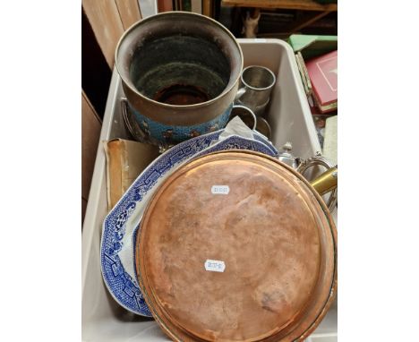 A mixed lot comprising copper warming pan, blue and white Willow pattern platters, silver plated ware, trays, spoons etc, coc