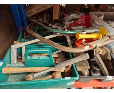 2 boxes of hand tools including saws, hammers, plane etc  