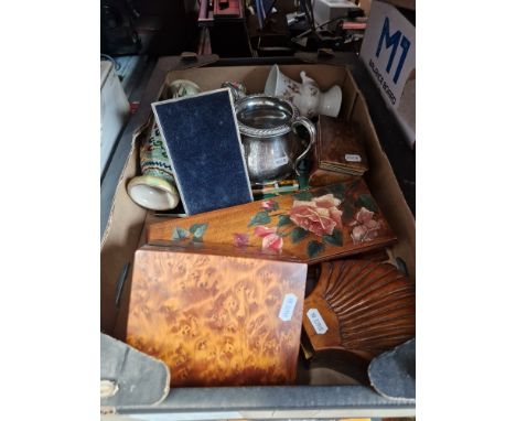 A mixed lot of assorted items including wooden boxes, two Art Nouveau tiles, a Japanese vase, a silver plated Elkington sucri