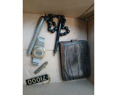 A box of collectables including a vintage Timex watch and an elephant leather wallet etc.  