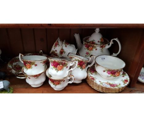 Royal Albert Old Country Roses 21 piece tea set including large teapot together with a 2 tier cake stand  