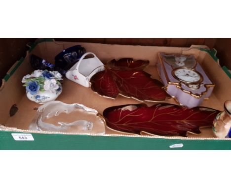 An Heirloom Porcelain Clock (Bradford Exchange), a cobalt blue cased glass lidded box and items including Royal Albert, Carlt