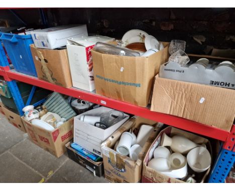 12 boxes of kitchenalia including glass dishes, scales etc  