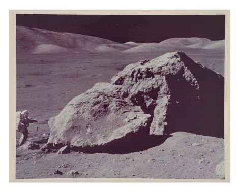 Gene CernanHarrison Schmitt inspecting a house-sized lunar boulder, EVA 3, Apollo 17, 7-19 December 1972Vintage chromogenic p