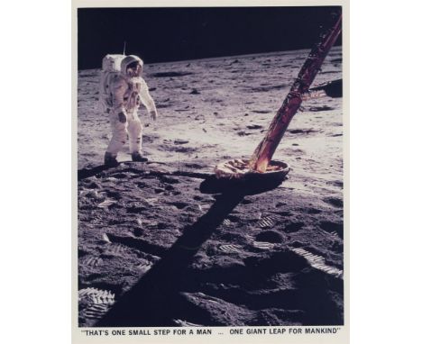 Neil Armstrong A rare version of this photograph of Buzz Aldrin on the Moon together with Armstrong's famous first words on t