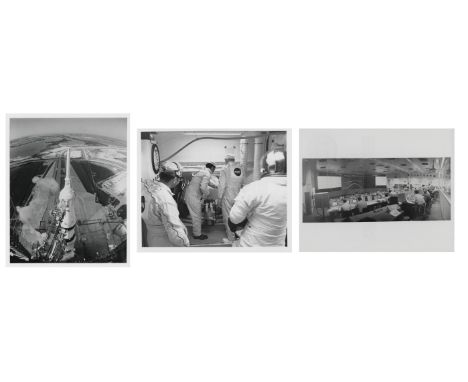 Three views of the giant Saturn V at pad 39A prepared for launch, the crew entering the spacecraft for launch and Mission Con