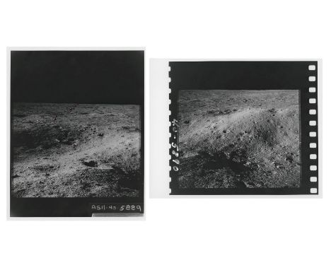 Buzz Aldrin Two overlapping photographs of Buzz Aldrin's first panorama of Tranquility Base showing the so-called "Double Cra