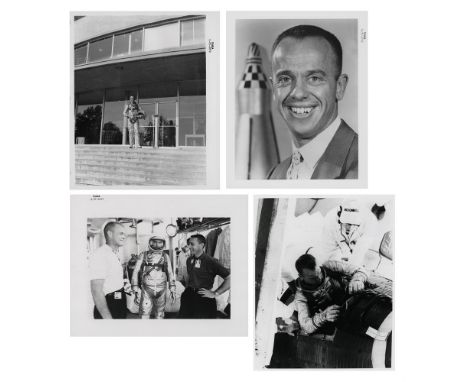 Four views of Alan Shepard during various phases of the preparation for the the first manned American mission into space, Mer