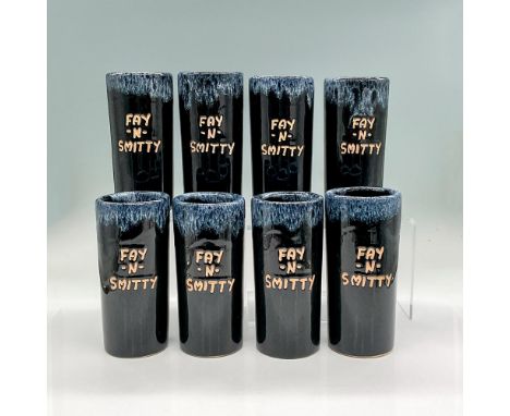 Eight art pottery tumblers glazed in black with a blue marbled drip glaze at the top. Personalized with names - Fay N Smitty.