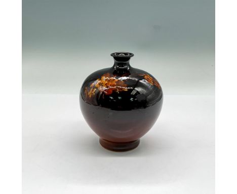 Glazed vase in dark brown with dark orange and yellow flowers. Louwelsa Weller 422 impressed mark. Dimensions: 4.5"H x 3.5" d