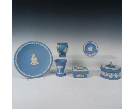 Blue Jasperware collectibles that includes 1 Cayman Islands decorative plate, 2 vases, 1 ashtray, and 2 lidded boxes. Cayman 