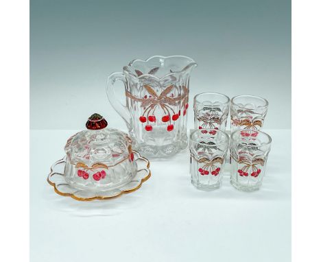 Children's water glass set, circa 1970, clear pattern glass with stained ruby and copper highlights, 1- Pitcher (4"L x 3"W x 