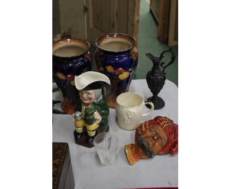 A MIXED LOT TO INCLUDE A PAIR OF H &amp; K TUNSTALL, 'AUTUMN' VASES, A TOBY JUG, CROWN DEVON QUEEN ELIZABETH 11 CORONATION MU