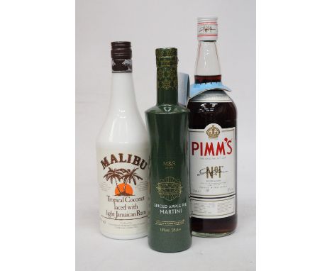 A 70 CL BOTTLE OF MALIBU LIGHT JAMAICAN RUM TOGETHER WITH A 1L BOTTLE OF PIMMS AND A 35 CL BOTTLE OF M &amp; S SPICED APPLE P