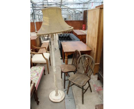 A PAINTED STANDARD LAMP WITH SHADE AND A PAIR OF WHEEL-BACK DINING CHAIRS 