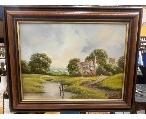 A WOODEN FRAMED OIL ON BOARD OF A COUNTRYSIDE SCENE SIGNED POOLE TO THE LOWER RIGHT HAND CORNER 29.5CM X 39.5CM 