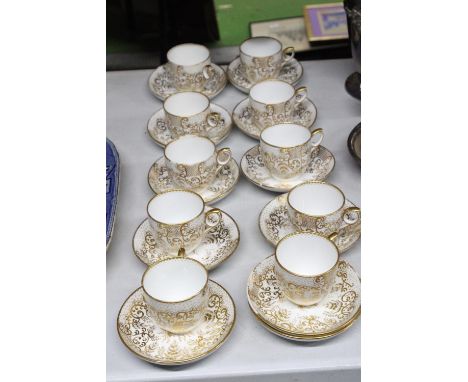 TEN VINTAGE ADAMS WHITE WITH GILT DECORATION TEACUPS AND SAUCERS 