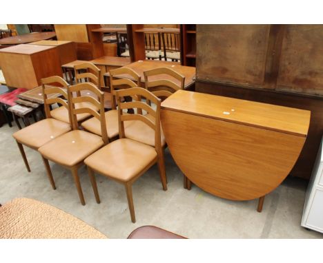 A RETRO TEAK OVAL DROP-LEAF DINING TABLE, 66" X 38.5" OPENED AND SIX LADDER-BACK DINING CHAIRS 