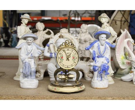 A COLLECTION OF FIGURINES TO INCLUDE ORIENTAL STYLE PLUS A WHITE MANTLE CLOCK AND A PETIT POINT STYLE MANTLE CLOCK 