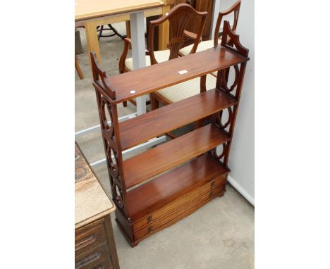 A 19TH CENTURY STYLE MAHOGANY FOUR TIER OPEN WALL SHELF WITH TWO DRAWERS, 27" WIDE 